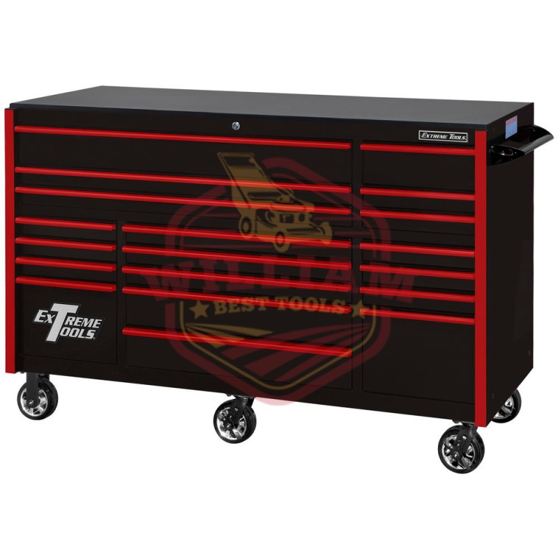 Extreme Tools RX Series 72-in x 30-in 19 Drawer Roller Cabinet, Black with Red Drawer Pulls