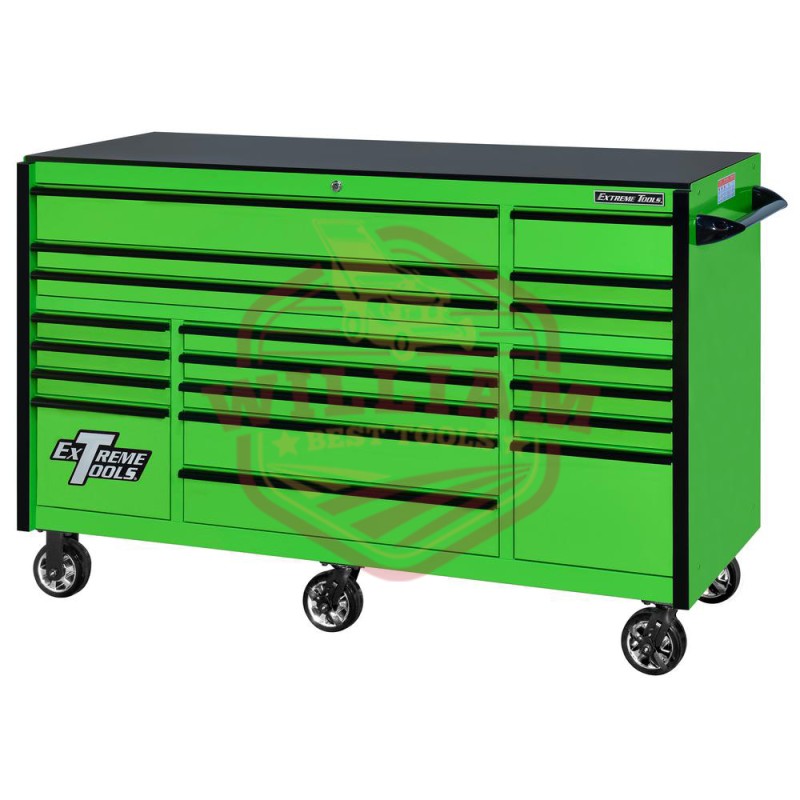 Extreme Tools RX Series 72-in x 30-in 19 Drawer Roller Cabinet, Green with Black Drawer Pulls